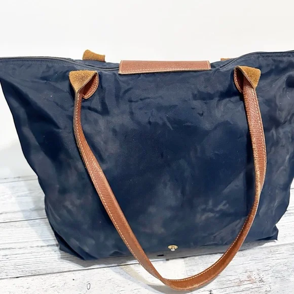 LONGCHAMP Le Pliage Navy Blue Canvas Br Copy gather Trim Travel Tote Bag - Picture 2 of 7